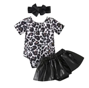 Minx - Leopard Printed Romper & Leather Skirt - Girls  Clothing Set