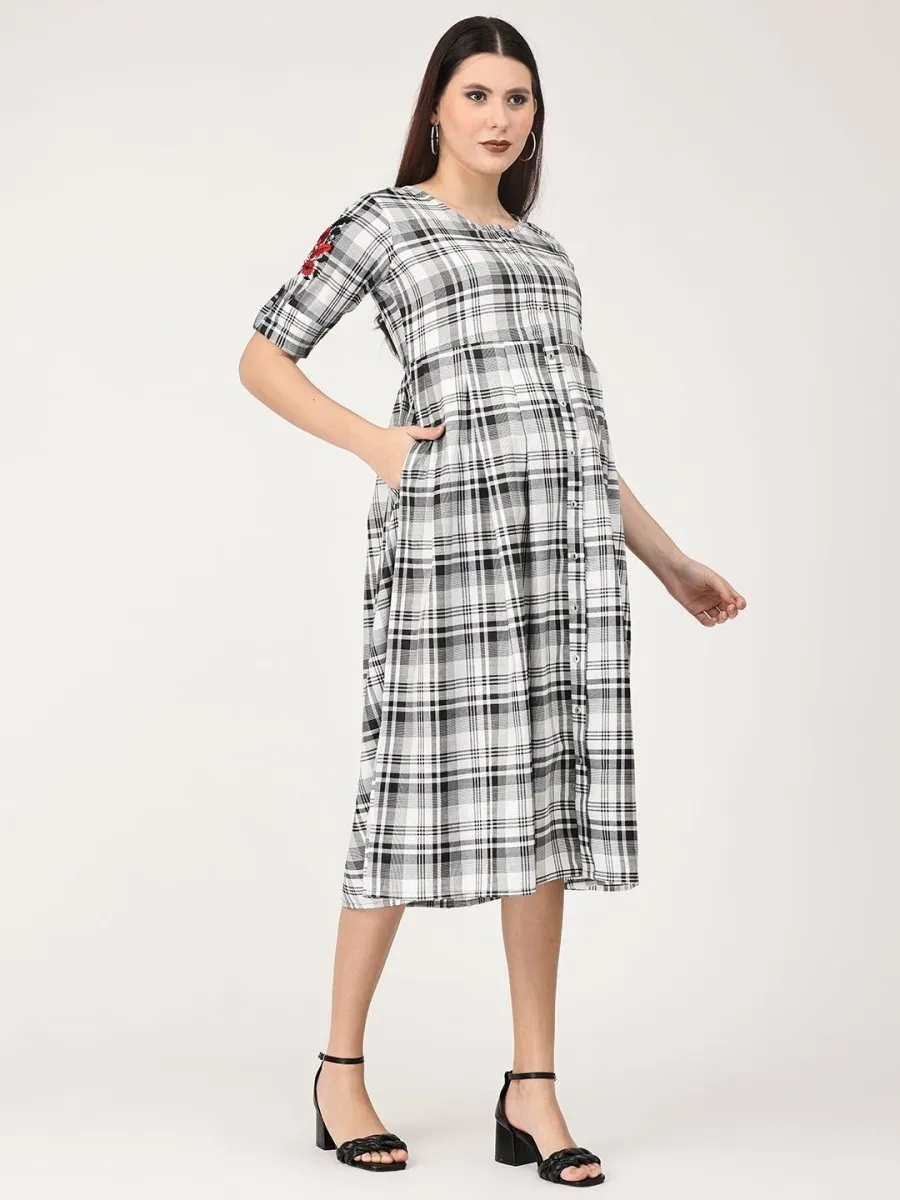 Monochrome Checkered Maternity and Nursing Dress with Embroidery