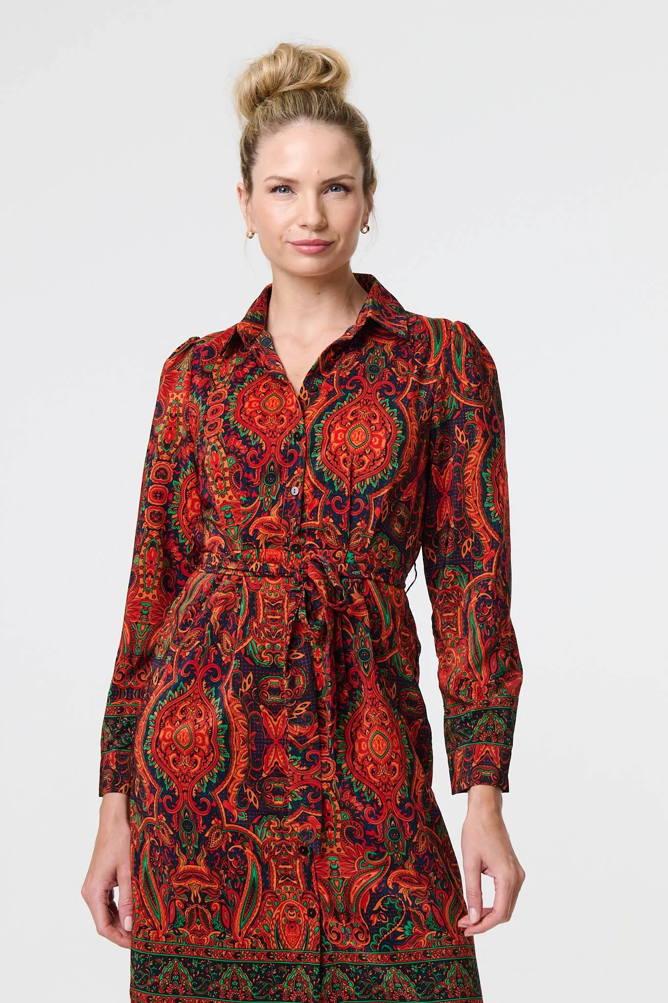 Mosaic Print Long Sleeve Short Shirt Dress