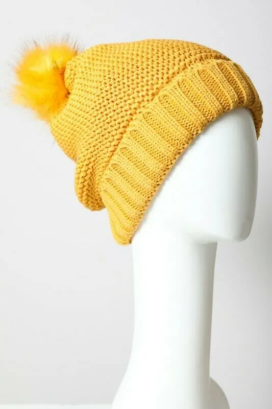 Mustard Pom Faux Sherpa Lined Knit Beanie Winter Womens Hat