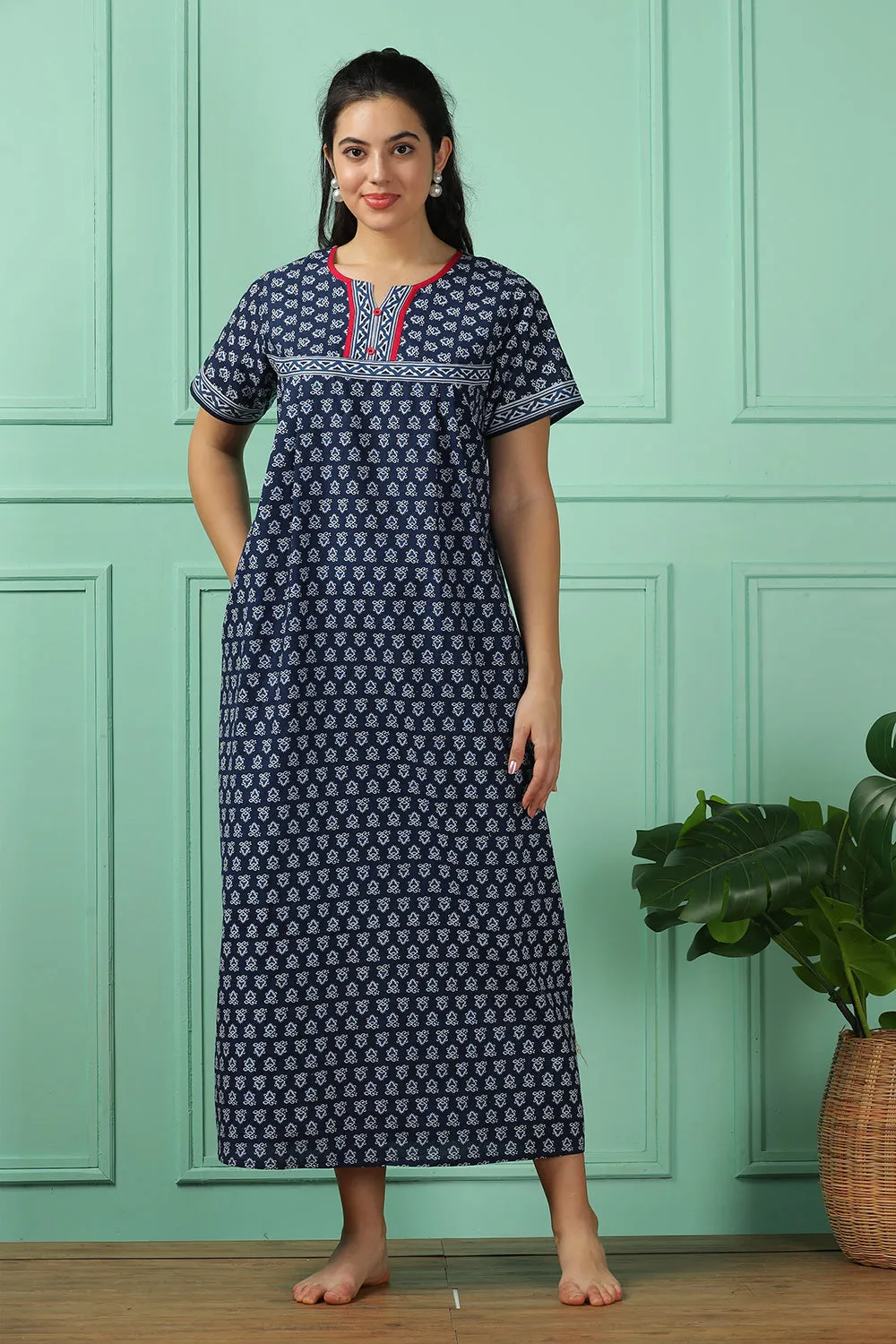 Naidu Hall Round Neck Half Sleeve Pull-On Nighty - Dark Blue - NT31