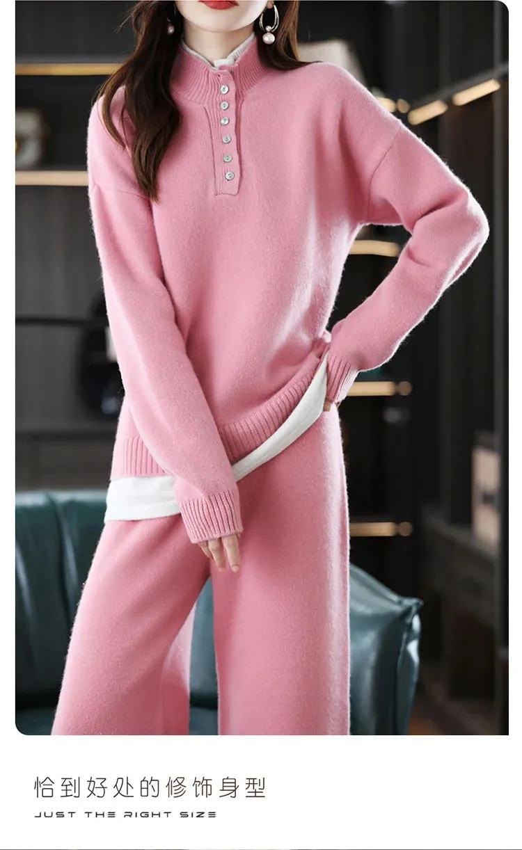 New 2023 Ladies 100% Cashmere Wool Suit Casual Long Sleeve Pullover Sweater Solid Color Knit Long Wide Leg Pants Pure Wool Suit