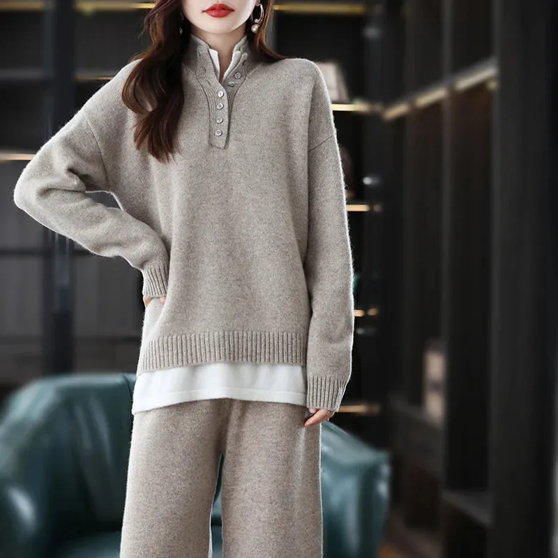 New 2023 Ladies 100% Cashmere Wool Suit Casual Long Sleeve Pullover Sweater Solid Color Knit Long Wide Leg Pants Pure Wool Suit