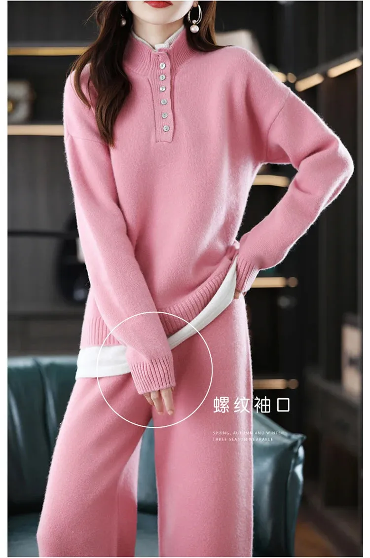 New 2023 Ladies 100% Cashmere Wool Suit Casual Long Sleeve Pullover Sweater Solid Color Knit Long Wide Leg Pants Pure Wool Suit