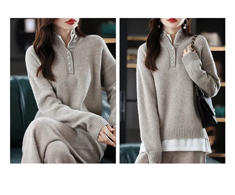 New 2023 Ladies 100% Cashmere Wool Suit Casual Long Sleeve Pullover Sweater Solid Color Knit Long Wide Leg Pants Pure Wool Suit