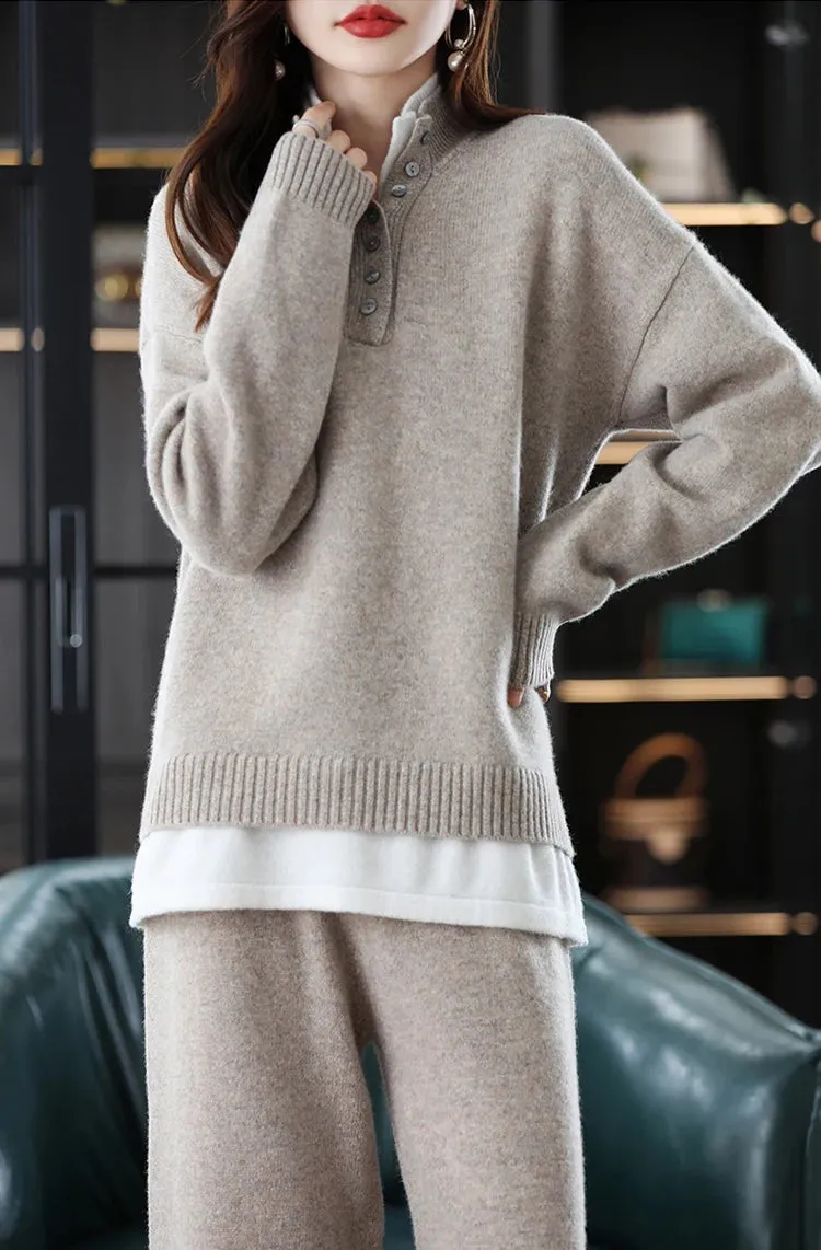 New 2023 Ladies 100% Cashmere Wool Suit Casual Long Sleeve Pullover Sweater Solid Color Knit Long Wide Leg Pants Pure Wool Suit