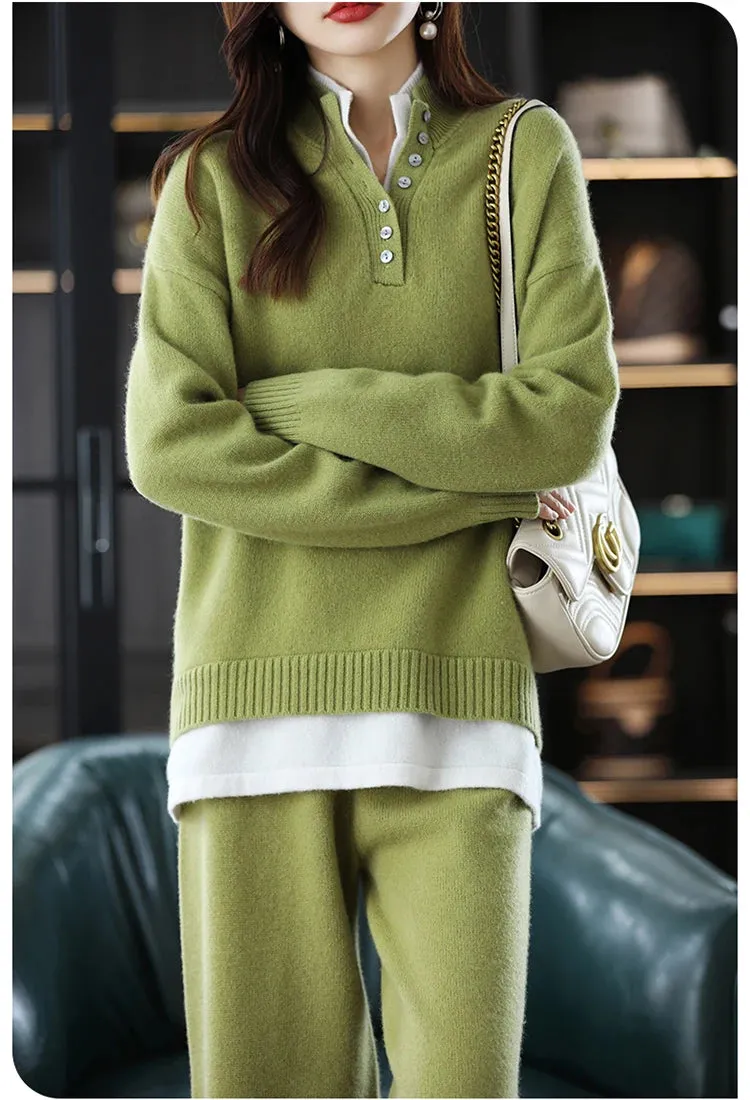 New 2023 Ladies 100% Cashmere Wool Suit Casual Long Sleeve Pullover Sweater Solid Color Knit Long Wide Leg Pants Pure Wool Suit