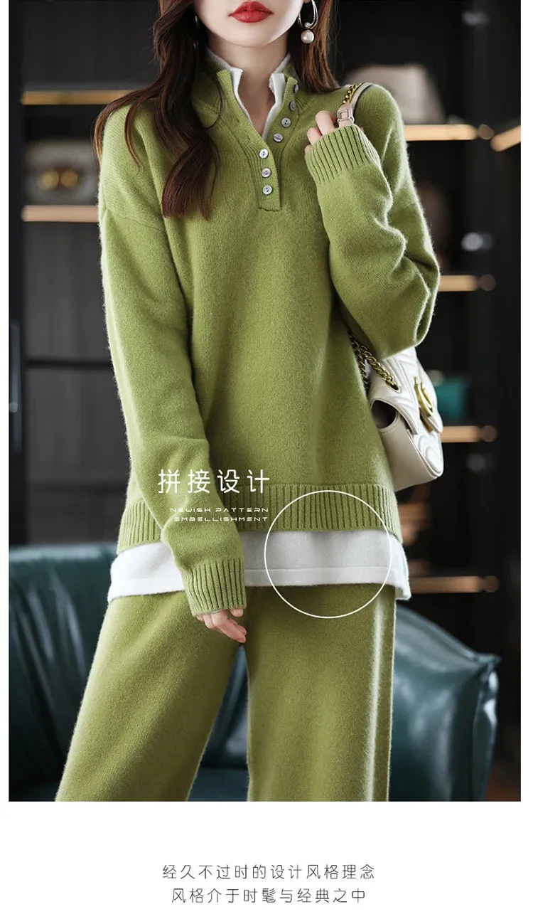 New 2023 Ladies 100% Cashmere Wool Suit Casual Long Sleeve Pullover Sweater Solid Color Knit Long Wide Leg Pants Pure Wool Suit