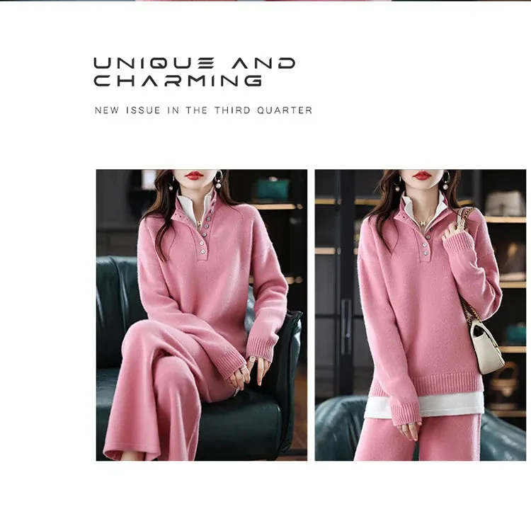 New 2023 Ladies 100% Cashmere Wool Suit Casual Long Sleeve Pullover Sweater Solid Color Knit Long Wide Leg Pants Pure Wool Suit