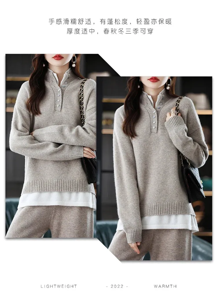 New 2023 Ladies 100% Cashmere Wool Suit Casual Long Sleeve Pullover Sweater Solid Color Knit Long Wide Leg Pants Pure Wool Suit