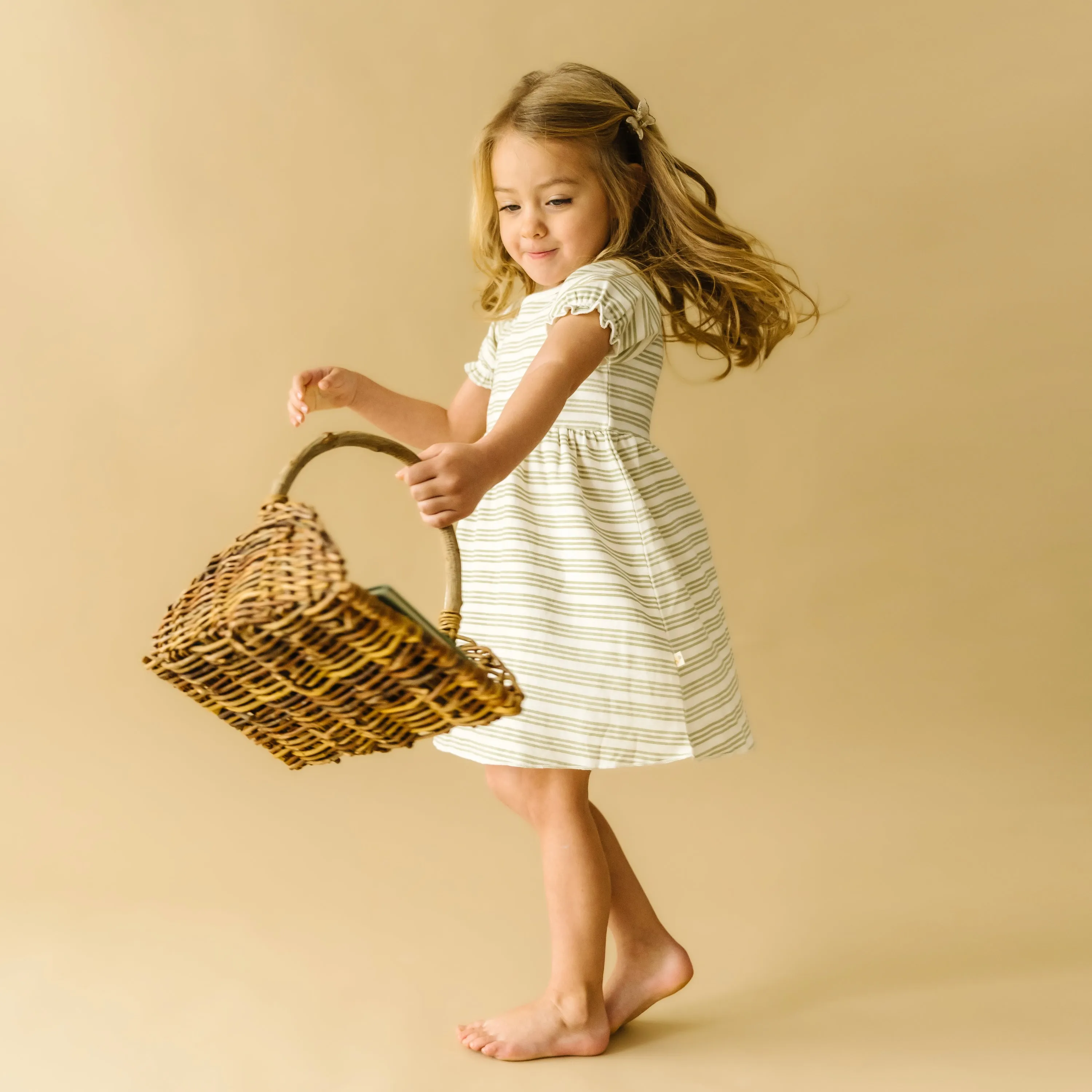 Organic Girls Puff Sleeve Dress - Foam Stripes