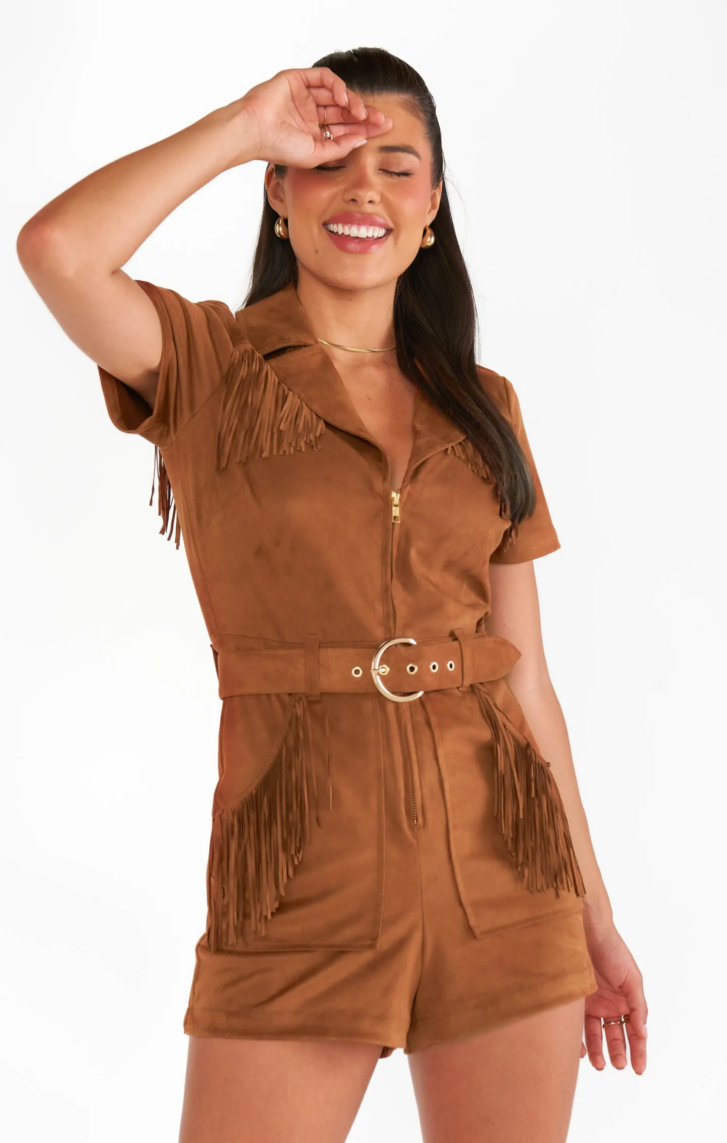 Outlaw Romper ~ Cognac Fringe Faux Suede