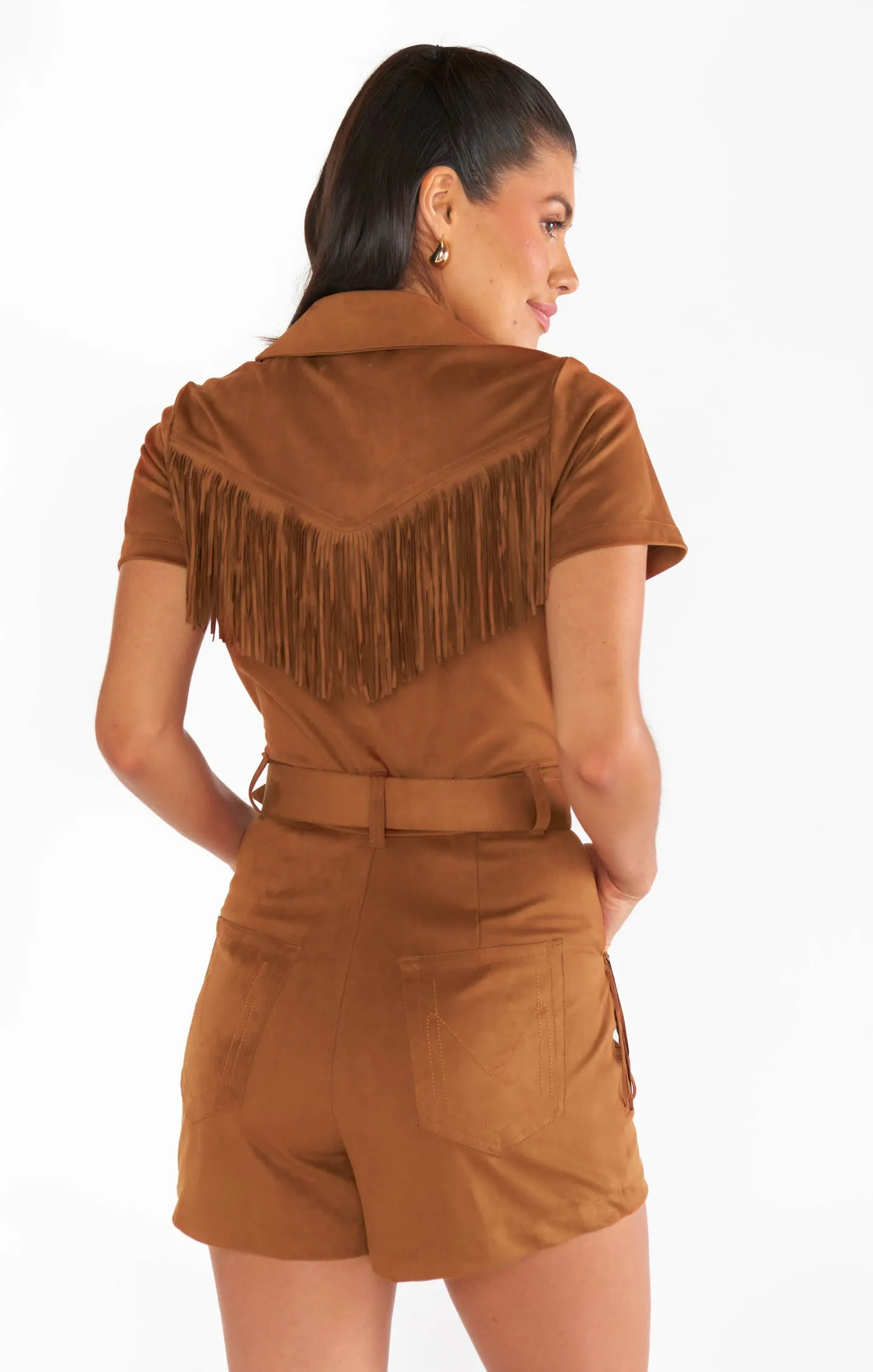 Outlaw Romper ~ Cognac Fringe Faux Suede