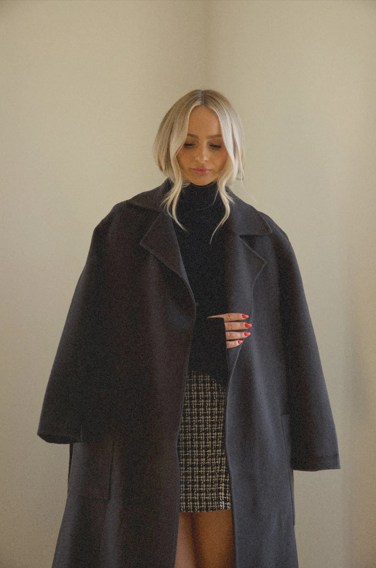 Oversized Belted Wool Coat - Black