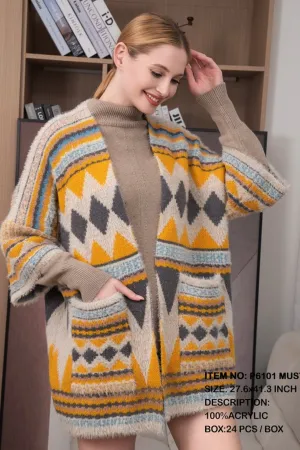 P6101 Nora Boho Tribal Print Cardigan