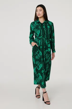 Paisley Long Sleeve Midi Shirt Dress