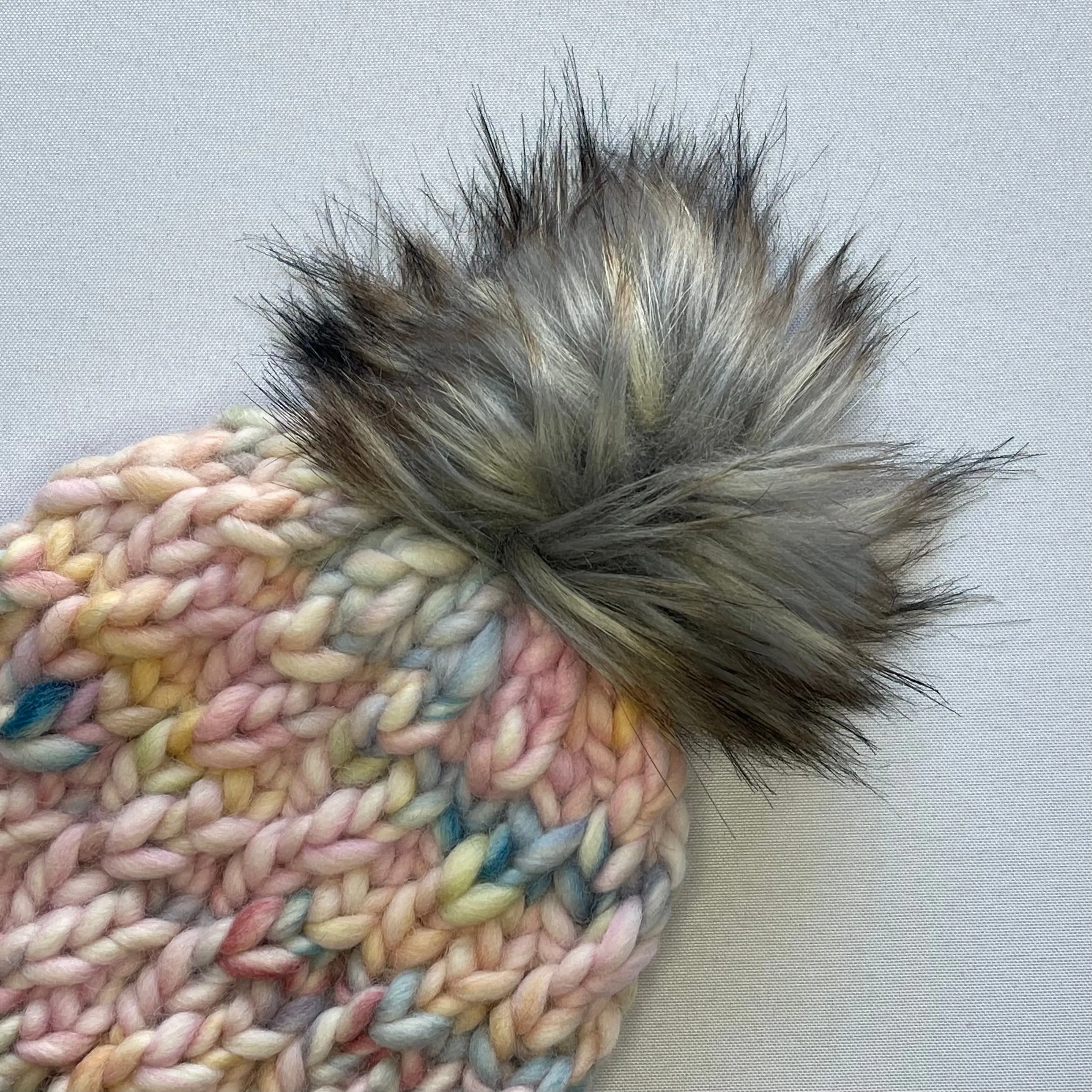 Pastel Rainbow Peruvian Wool Knit Hat with Faux Fur Pom Pom