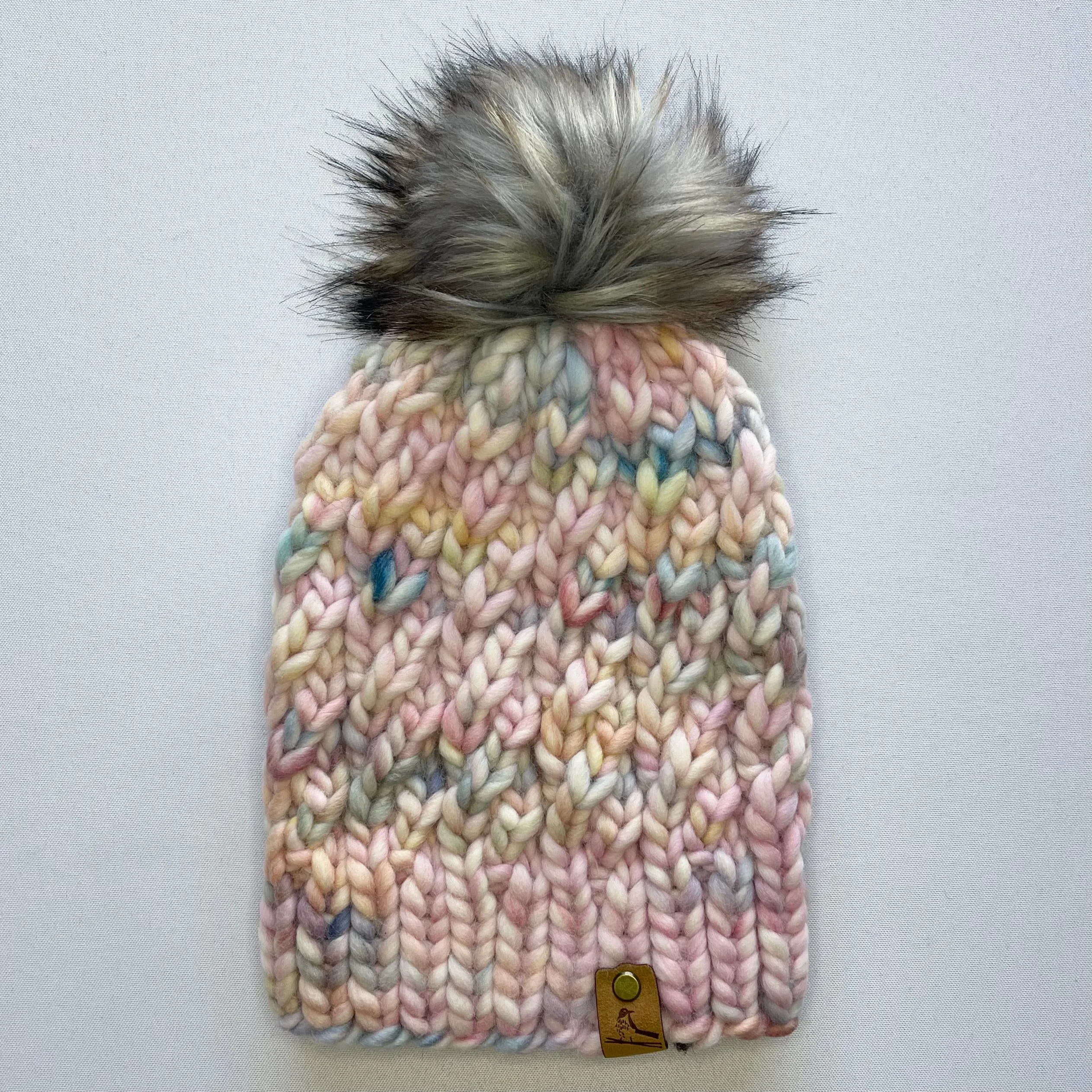 Pastel Rainbow Peruvian Wool Knit Hat with Faux Fur Pom Pom