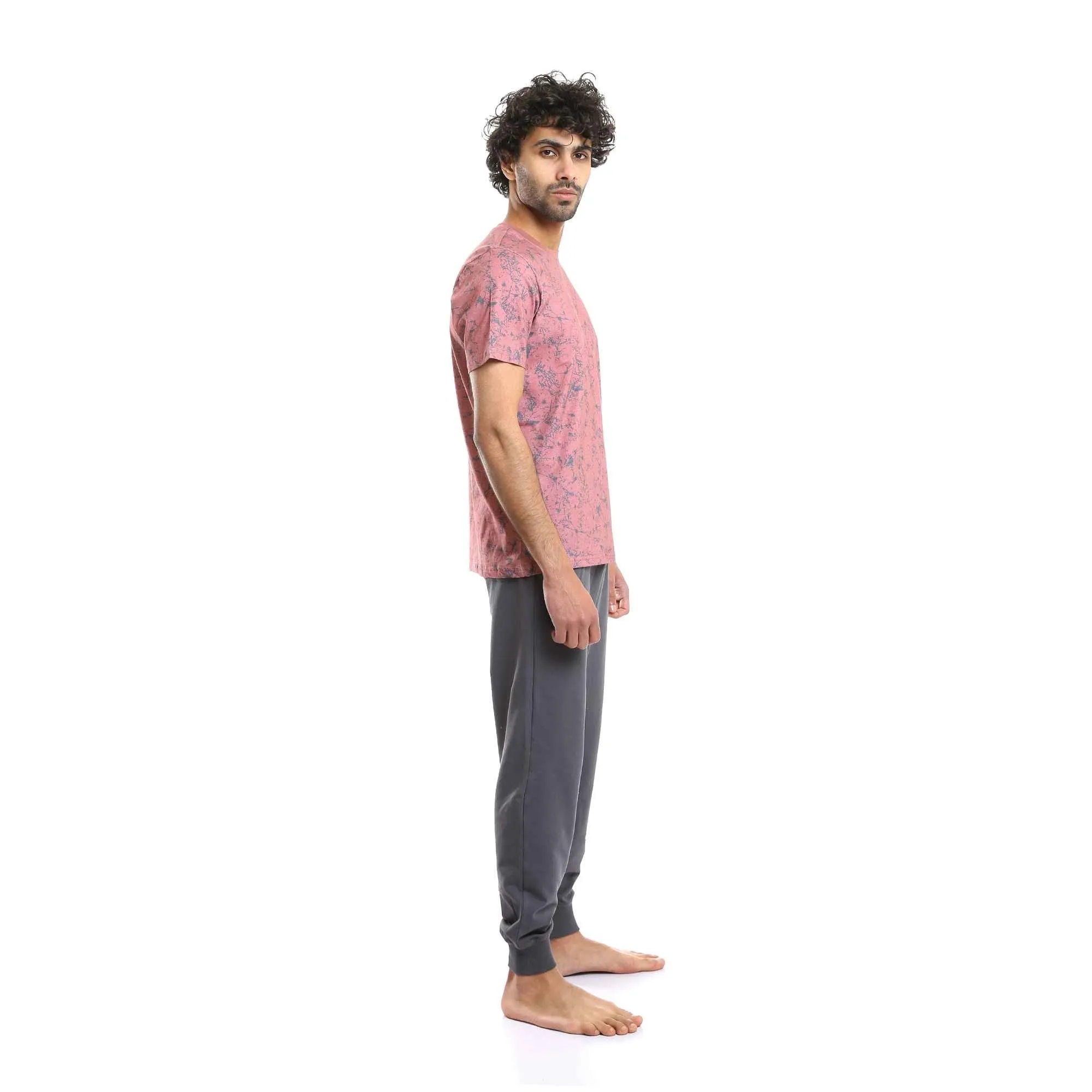 Patterned Round Neck Tee & Pants Pajama Set for Men - Cashmere & Grey