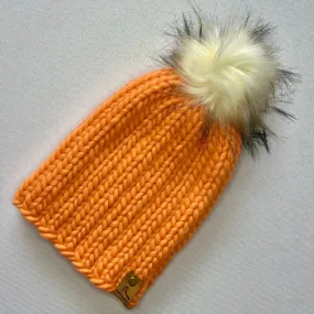 Peach Peruvian Wool Knit Hat with Faux Fur Pom Pom