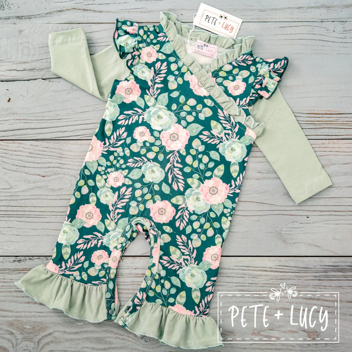 PETE   LUCY Sweet Emerald Green Ruffle Long Sleeve Romper Baby Toddler