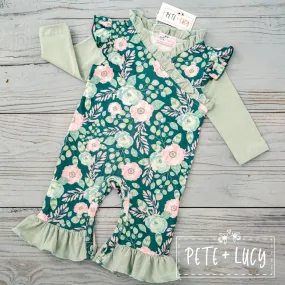 PETE   LUCY Sweet Emerald Green Ruffle Long Sleeve Romper Baby Toddler