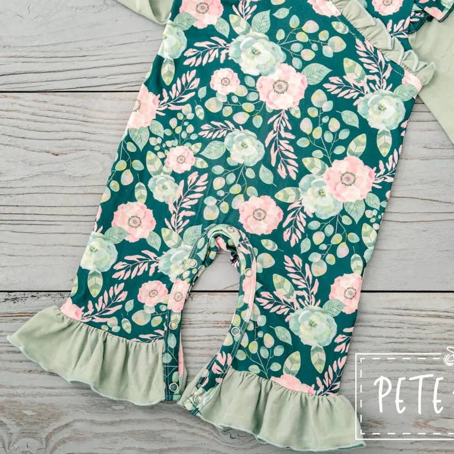 PETE   LUCY Sweet Emerald Green Ruffle Long Sleeve Romper Baby Toddler