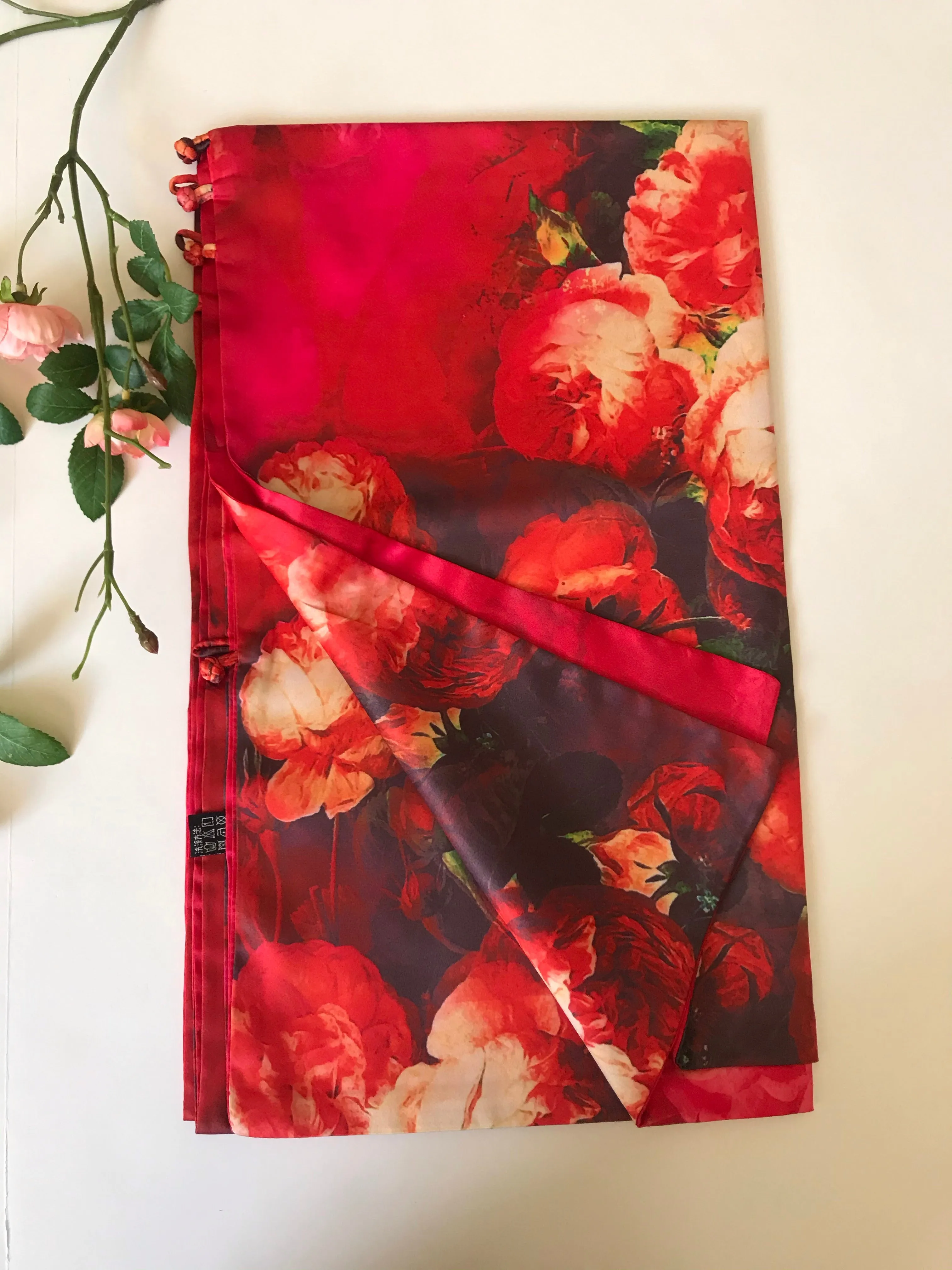 Pink floral 100% Silk Satin smooth soft Long double fabric  Scarf with buttons