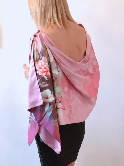 Pink floral 100% Silk Satin smooth soft Long double fabric  Scarf with buttons