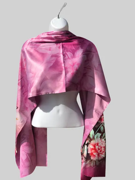 Pink floral 100% Silk Satin smooth soft Long double fabric  Scarf with buttons