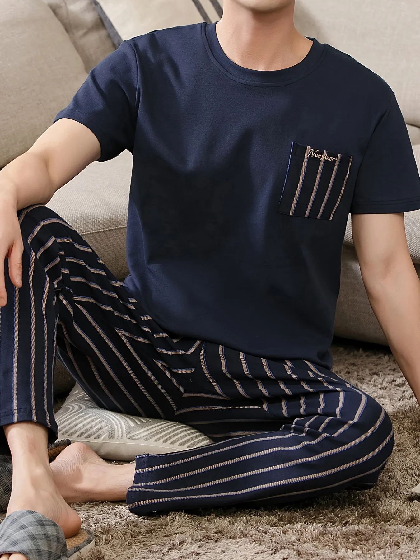 Plus Size 2 Pcs Men's Cotton Short Sleeve & Vertical Stripe Print Trousers Pajama Sets, Comfortable & Skin-friendly Style Pajamas For Men's Cozy Loungewear