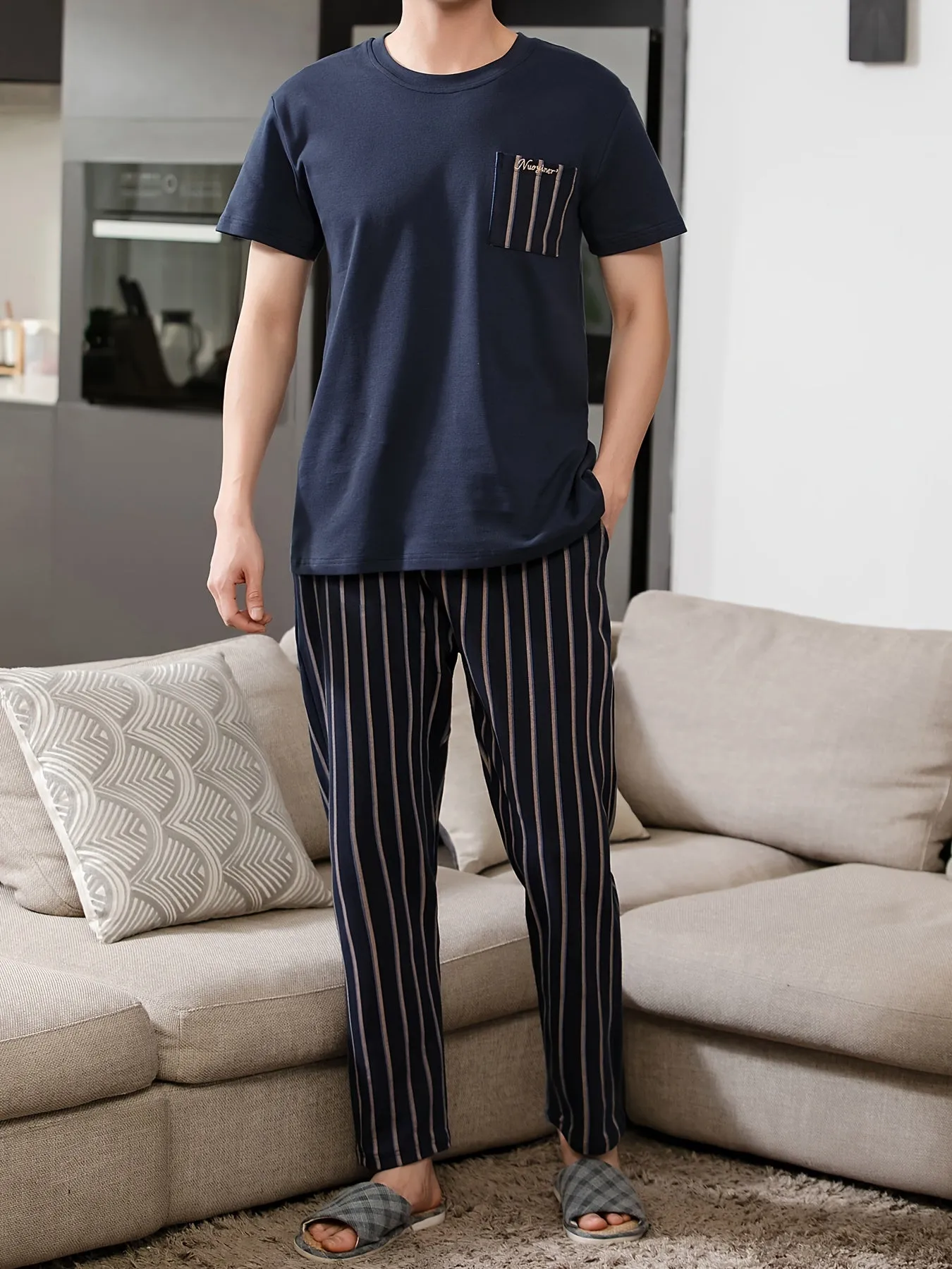 Plus Size 2 Pcs Men's Cotton Short Sleeve & Vertical Stripe Print Trousers Pajama Sets, Comfortable & Skin-friendly Style Pajamas For Men's Cozy Loungewear