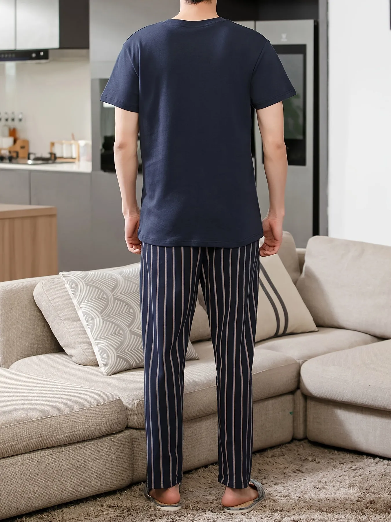 Plus Size 2 Pcs Men's Cotton Short Sleeve & Vertical Stripe Print Trousers Pajama Sets, Comfortable & Skin-friendly Style Pajamas For Men's Cozy Loungewear