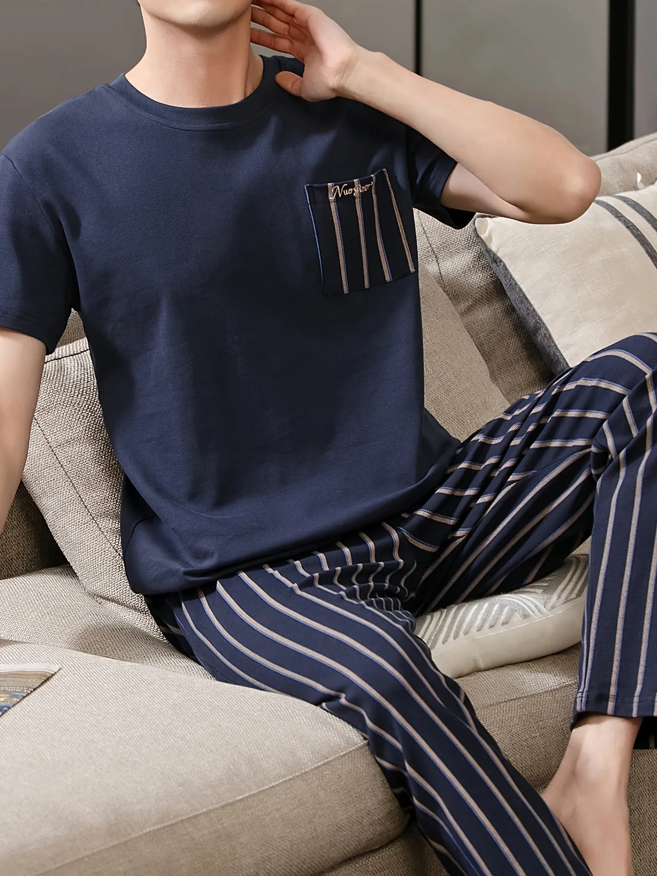 Plus Size 2 Pcs Men's Cotton Short Sleeve & Vertical Stripe Print Trousers Pajama Sets, Comfortable & Skin-friendly Style Pajamas For Men's Cozy Loungewear