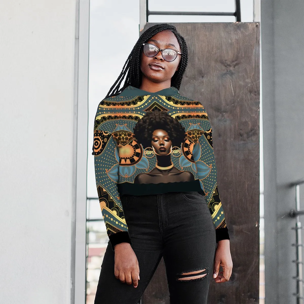 Powerful Woman in Patterns Cropped Hoodie