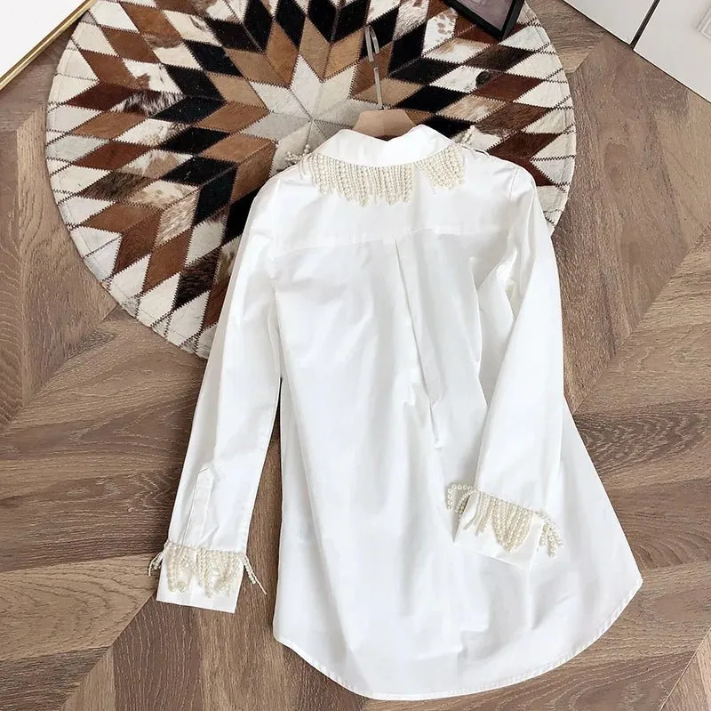 Pre Order:  Faux Pearl Tassels Cotton Shirt