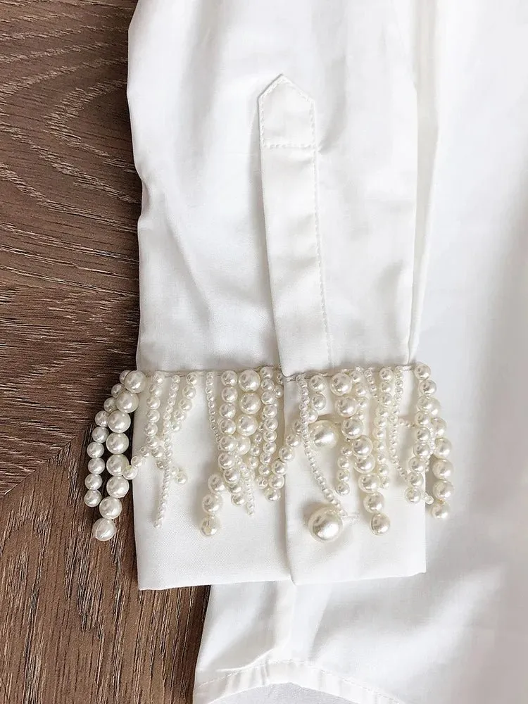 Pre Order:  Faux Pearl Tassels Cotton Shirt