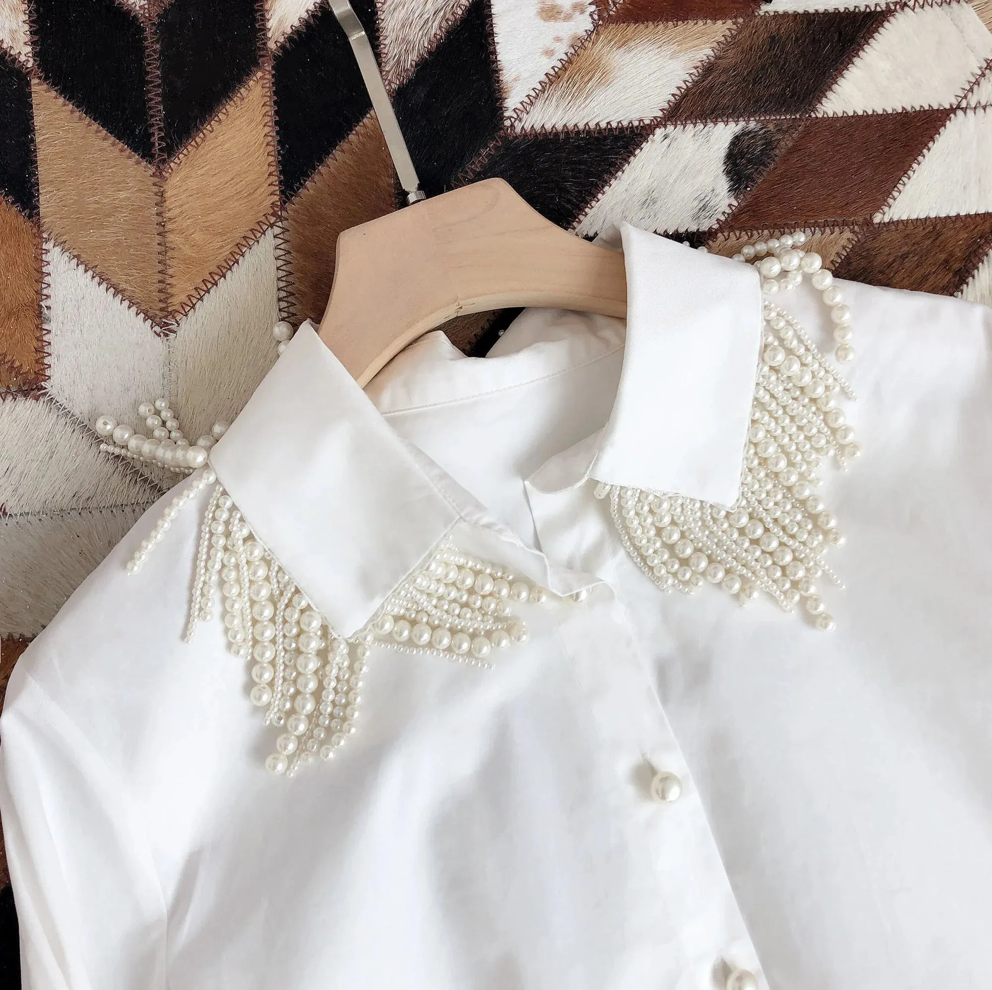 Pre Order:  Faux Pearl Tassels Cotton Shirt