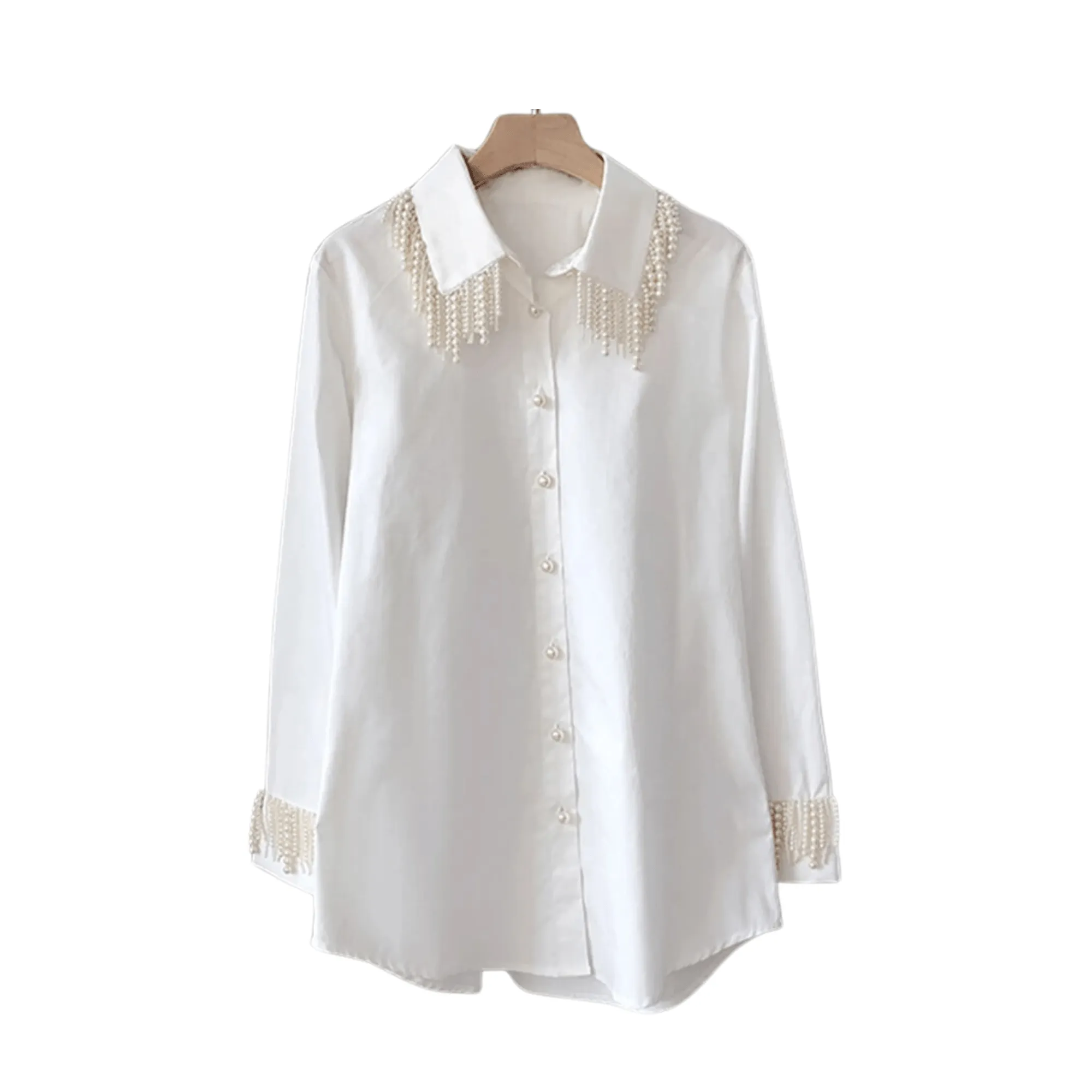 Pre Order:  Faux Pearl Tassels Cotton Shirt