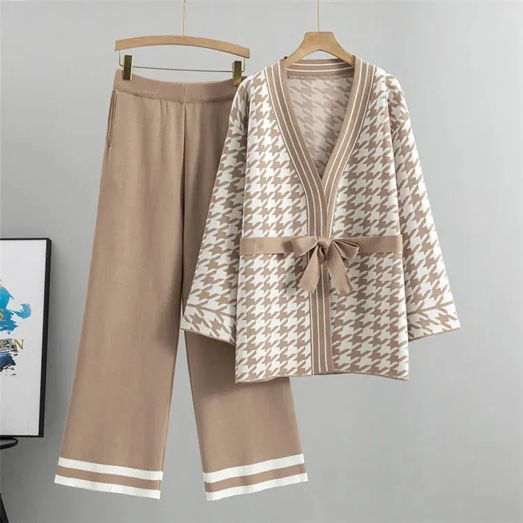 Pre Order:  Houndstooth Knitted Cardigan Pants Set