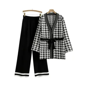 Pre Order:  Houndstooth Knitted Cardigan Pants Set