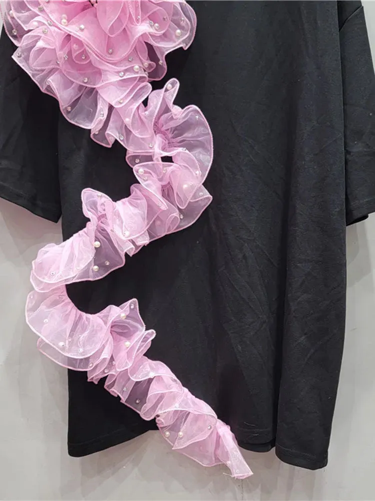 Pre Order:  Pearl Diamond Pink Mesh Flower Round Neck T-Shirt