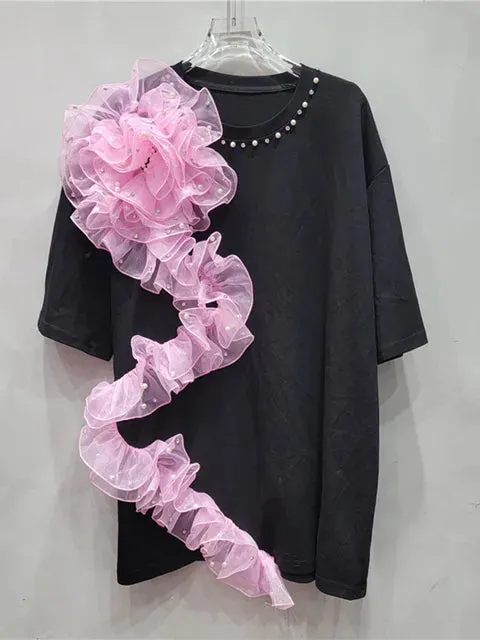 Pre Order:  Pearl Diamond Pink Mesh Flower Round Neck T-Shirt