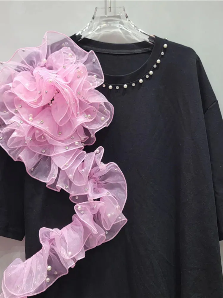 Pre Order:  Pearl Diamond Pink Mesh Flower Round Neck T-Shirt