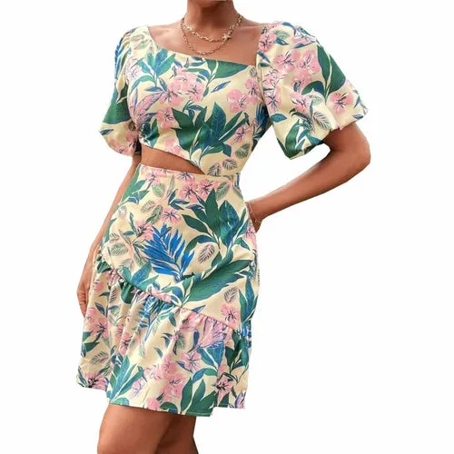 Print Short Puff Sleeve Oblique Collar High Waist Elegant Backless