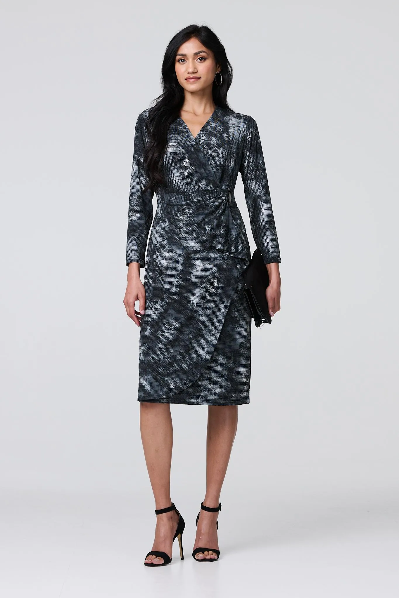 Printed Ruched Belt Detail Midi Dress