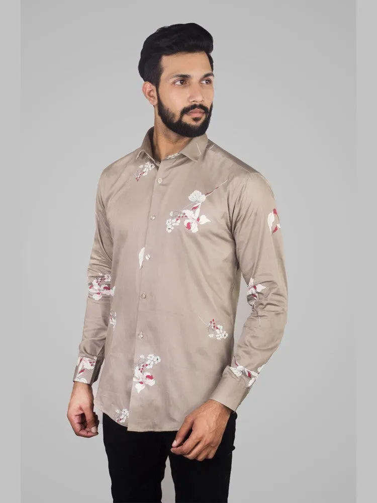 Printed Shirts for Men - Floral Print Cotton Shirt Brown