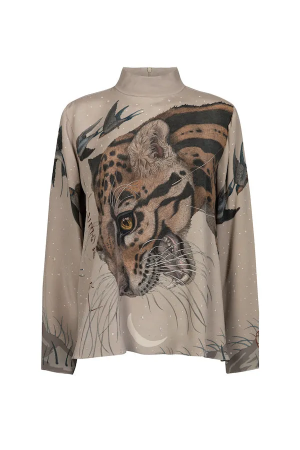 "The Lunar Leopard"  Silk Marocain High Neck Top Champagne/Soot