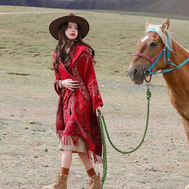 Red National Style Scarf Autumn and Winter Shawl