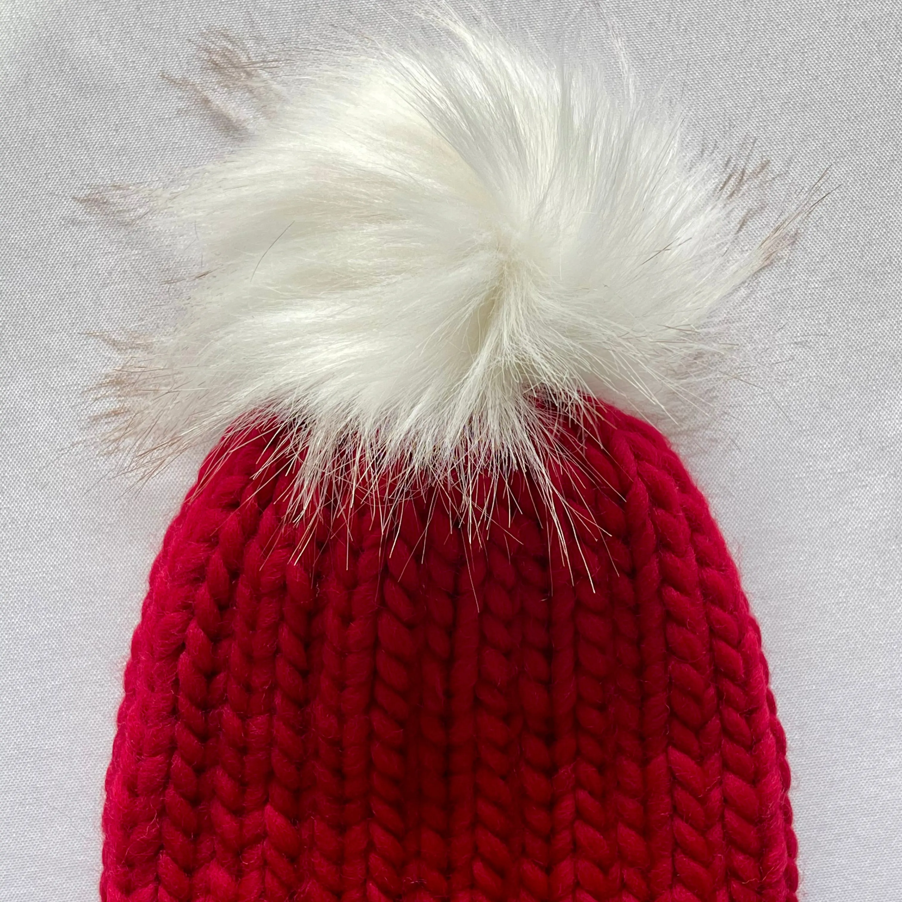 Red Peruvian Wool Knit Hat with Faux Fur Pom Pom